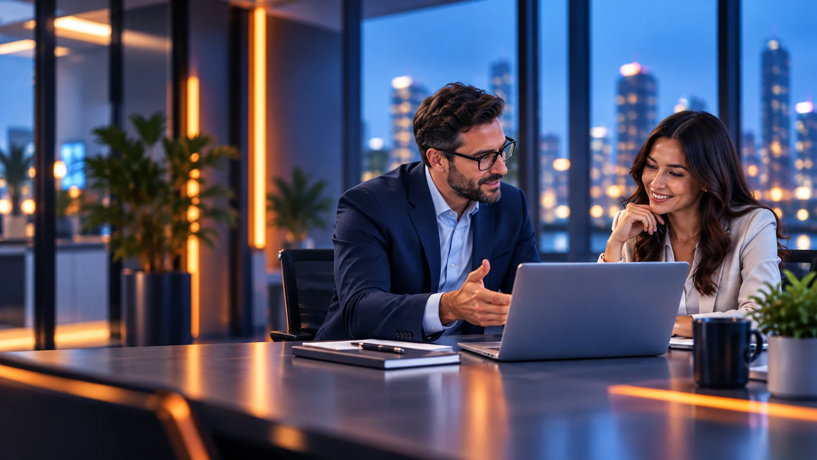 CoreProIT consultant discussing technology priorities with a client in a modern office