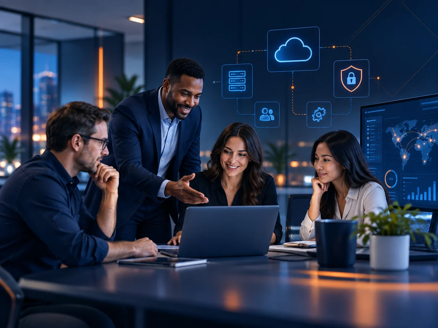 A technology team collaborating around a laptop with cloud and cybersecurity systems in view.