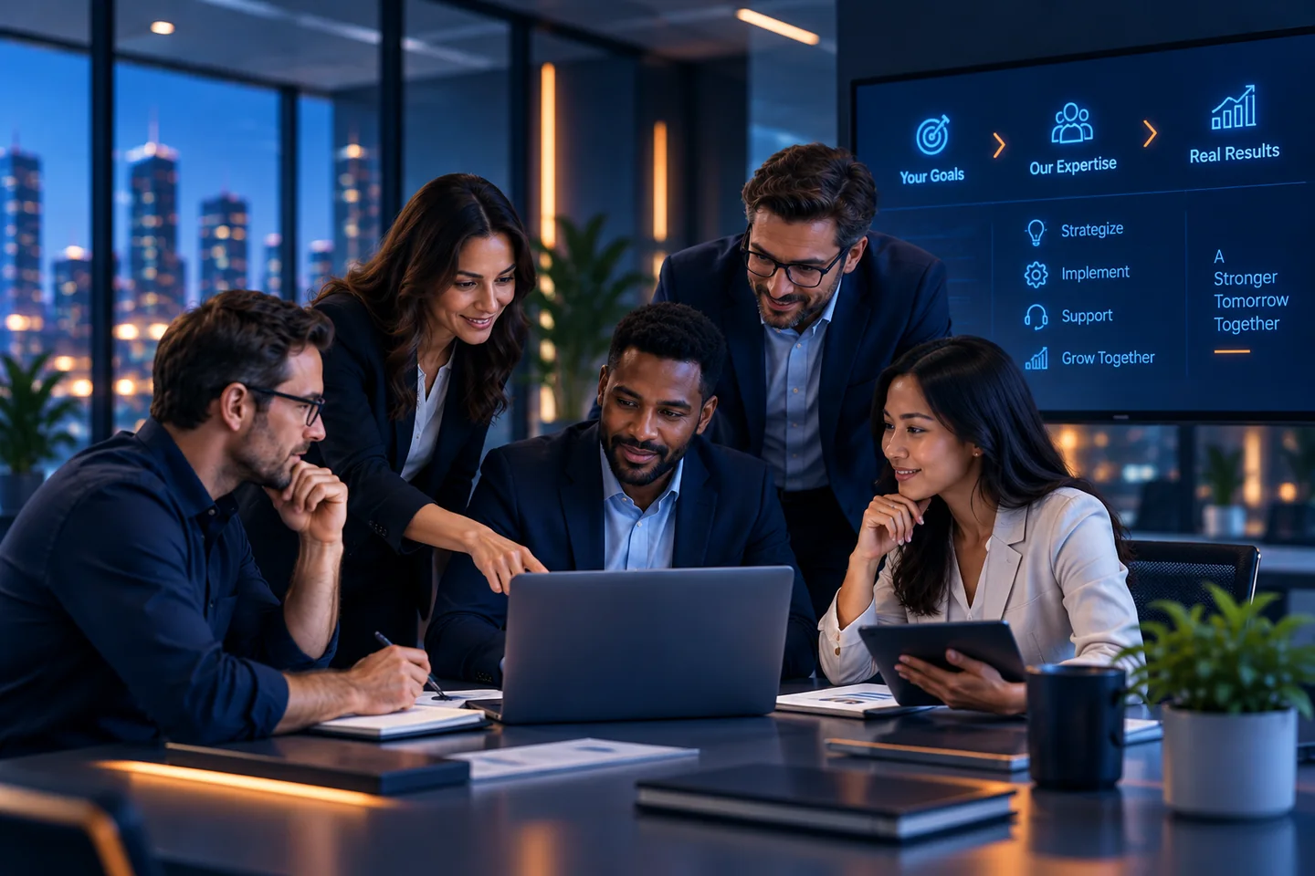 Technology consultants collaborating with a client team around a laptop and service planning display